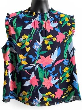 J. Crew Floral Sleeveless Blouse Smocked Neck Ruffle Size 14